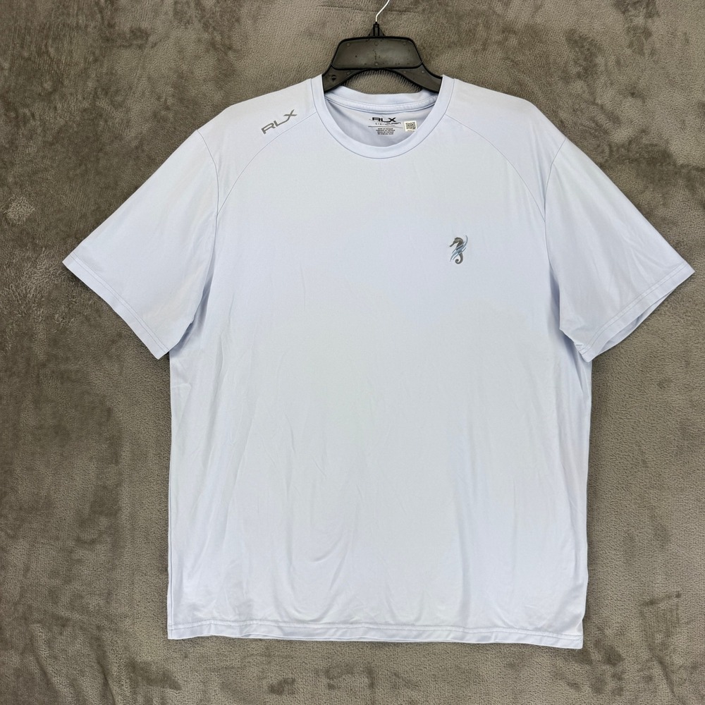 RLX Ralph Lauren T-Shirt Mens L Activewear Light Blue Seahorse Graphic EUC